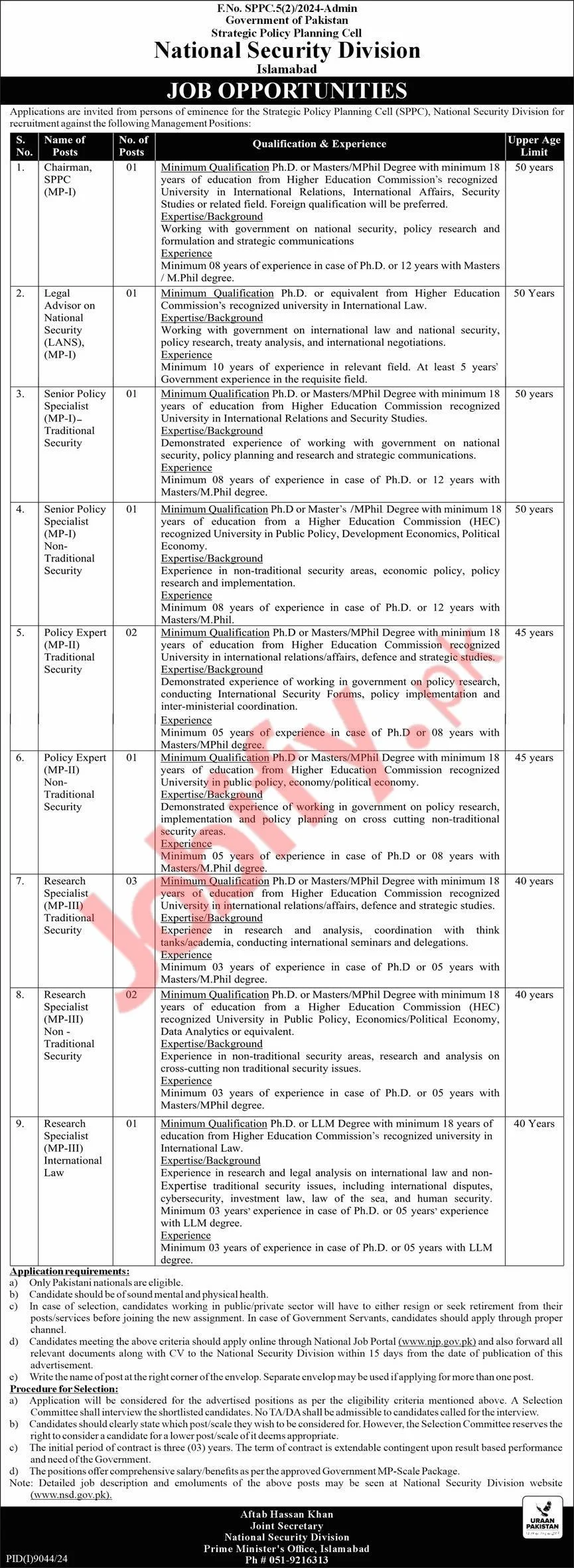 PM Office National Security Division (SPPC) Jobs